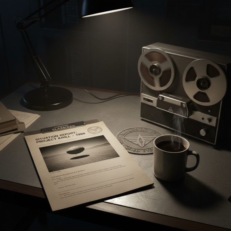 This shot captures that high-tension 1980s aesthetic, with the "Project Krill Report" dossier as the central focus. The spinning reel-to-reel recorder and the "Majestic 12" seal, paired with the intense, high-contrast shadows, really help pull together that moody X-Files atmosphere.