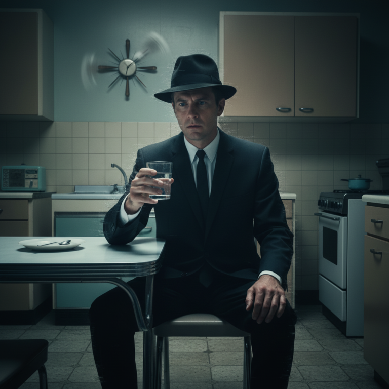 This shot captures that unsettling 1960s kitchen scene, focusing on the robotic confusion of the MIB figure staring at the glass of water. The blurred clock hands spinning backward and the slight glitch effect on the edges of the man's figure really help pull together that surreal, liminal space aesthetic.