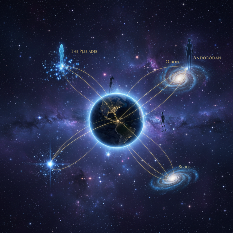 This wide-angle cosmic map captures the scientific yet mystical connection between Earth and the surrounding star clusters. The glowing energy lines and ancient script, combined with the ethereal silhouettes near the Pleiades and Orion, really help pull together that breathtaking, celestial atmosphere.