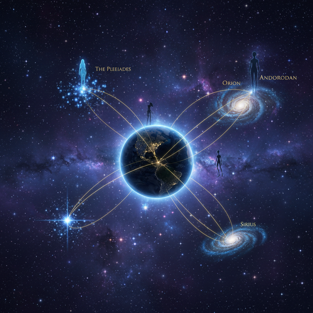 This wide-angle cosmic map captures the scientific yet mystical connection between Earth and the surrounding star clusters. The glowing energy lines and ancient script, combined with the ethereal silhouettes near the Pleiades and Orion, really help pull together that breathtaking, celestial atmosphere.
