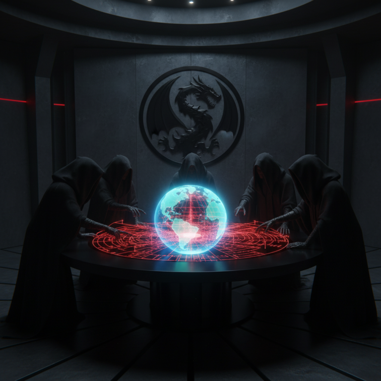 This shot captures that cold, calculating "war room" atmosphere. The hooded reptilian figures in obsidian robes analyzing the glowing red holographic grid, with the dark dragon-like emblem in the shadows, really pulls together that high-tech, cinematic aesthetic.