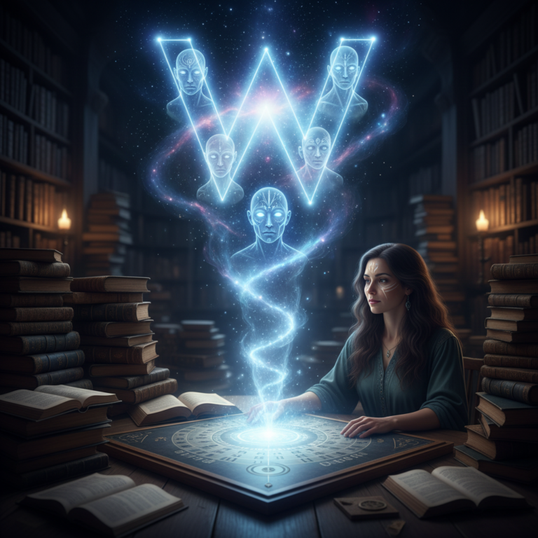 This ethereal composition captures the intersection of ancient methods and advanced cosmic knowledge. The transition from the simple, scholarly wooden study to the vast, glowing nebula of the Cassiopaea constellation—complete with the faint, radiant faces of advanced humanoids looking back through time—perfectly captures that mysterious, 8k celestial aesthetic.