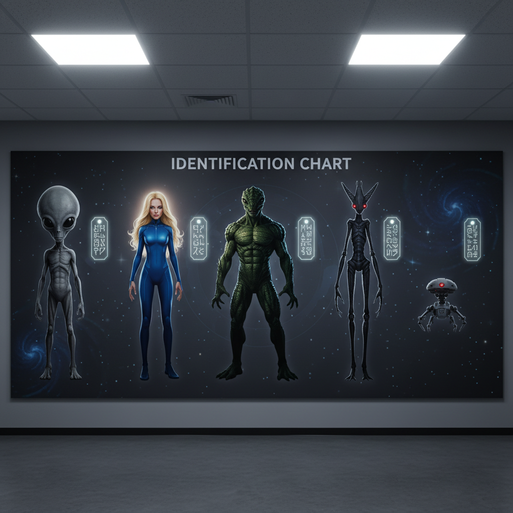 A professional, clinical "Identification Chart" or mural. It features high-resolution full-body silhouettes of five distinct alien species: a classic Grey with large black eyes, a tall and radiant blonde Nordic in a blue suit, a muscular green-scaled Reptilian, a tall thin Mantis-like Insectoid, and a small robotic-looking Grey drone. Each figure has a small "Data Tag" glowing next to it with alien script. The background is a clean, dark grey laboratory wall with subtle holographic star maps. 8k, photorealistic, authoritative field-guide aesthetic.