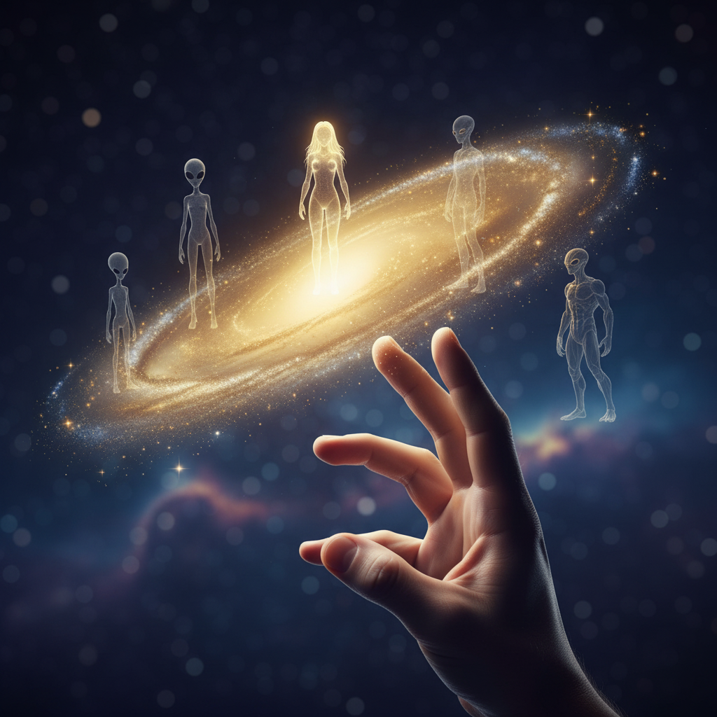 This piece captures the awe-inspiring moment of human curiosity meeting the mystery of the cosmos. The detailed human hand reaching toward the shimmering golden Milky Way, surrounded by the faint, translucent silhouettes of the Grey, Nordic, and Reptilian species, beautifully illustrates that bridge to cosmic truth.