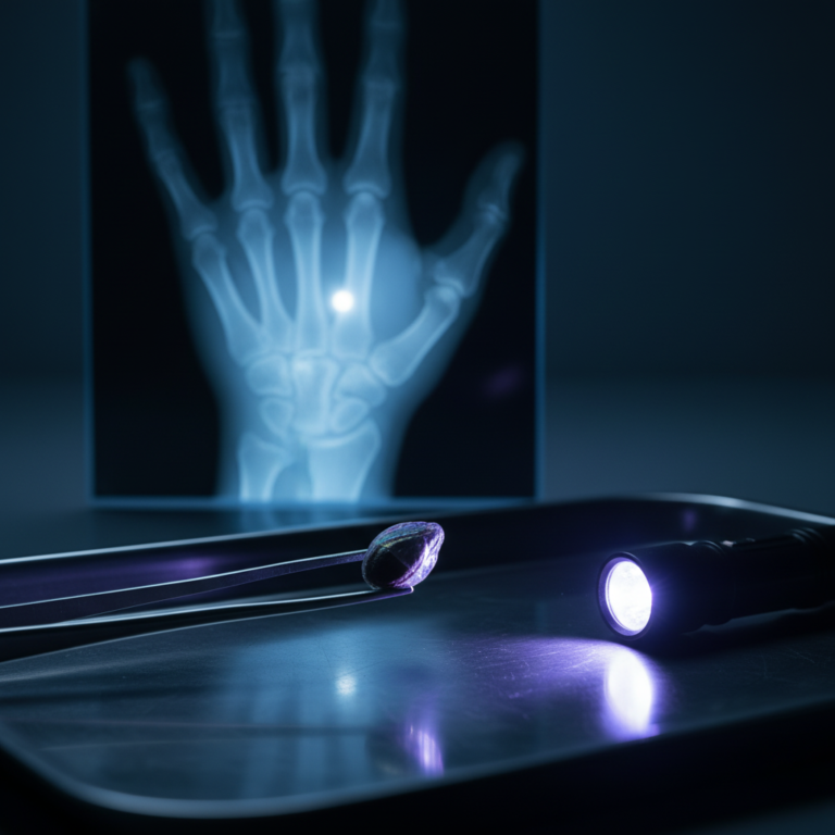 This macro shot captures that clinical medical-thriller aesthetic, with the tiny, iridescent "seed" held by silver forceps and the glowing UV flashlight on the tray. The blurry X-ray in the background showing the lodged object adds to the high-tension, mysterious atmosphere.