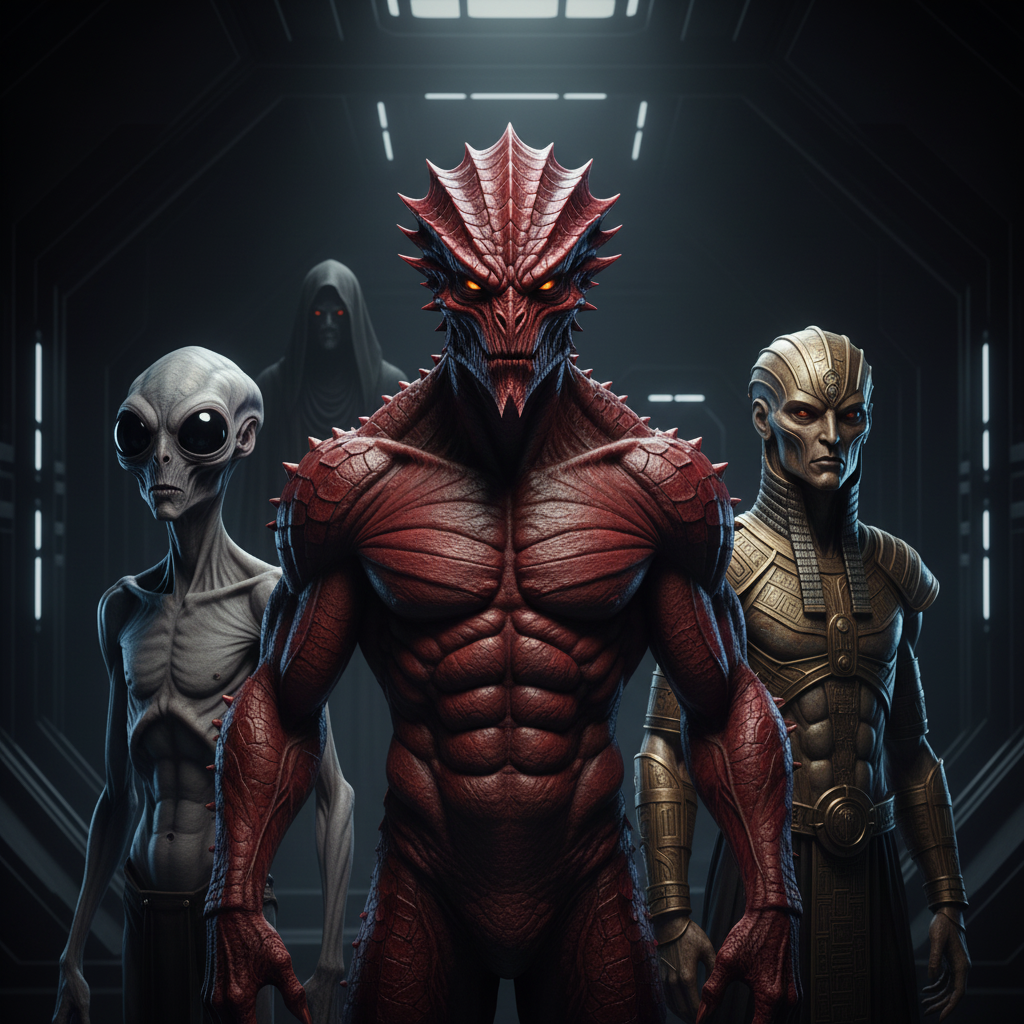 This portrait captures the cold, predatory intensity of the four figures within the high-tech obsidian chamber. The harsh lighting highlights the contrast between the muscular, red-scaled Alpha Draconian, the clinical Grey, the ancient Anunnaki in gold armor, and the mysterious cloaked figure lurking in the shadows.