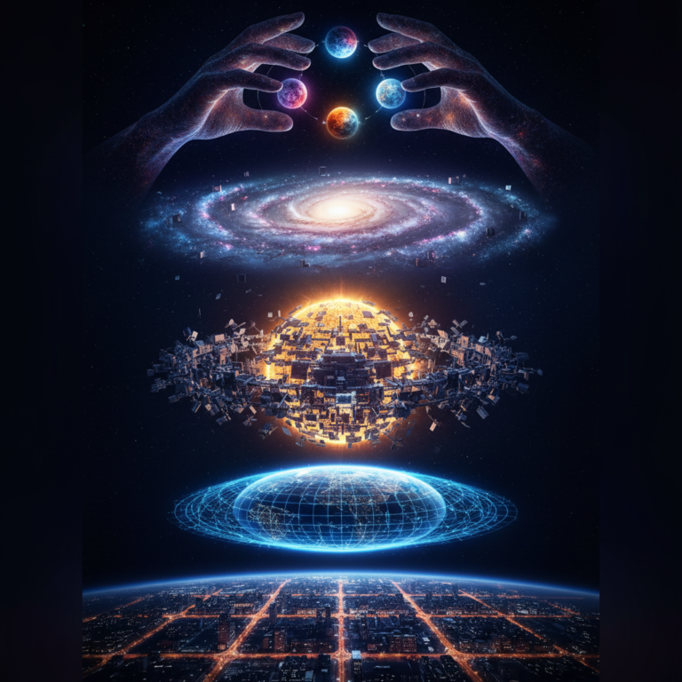 This vertical composition illustrates the awe-inspiring journey of a civilization across the Kardashev scale, from the 21st-century city at the base, through the Dyson Swarm and pulsing galaxy, up to the cosmic hands weaving together the bubbling multiverses at the top.