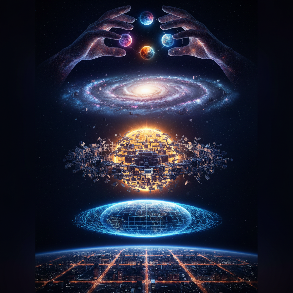 This vertical composition illustrates the awe-inspiring journey of a civilization across the Kardashev scale, from the 21st-century city at the base, through the Dyson Swarm and pulsing galaxy, up to the cosmic hands weaving together the bubbling multiverses at the top.