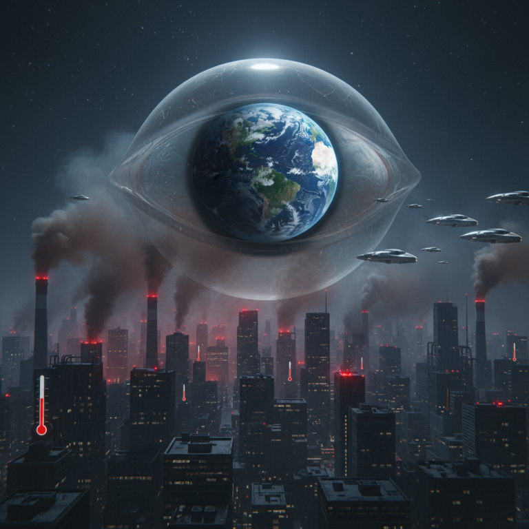 a single, unified scene where the alien eye looms over the smog-filled city, reflecting a cleaner version of Earth in its pupil.