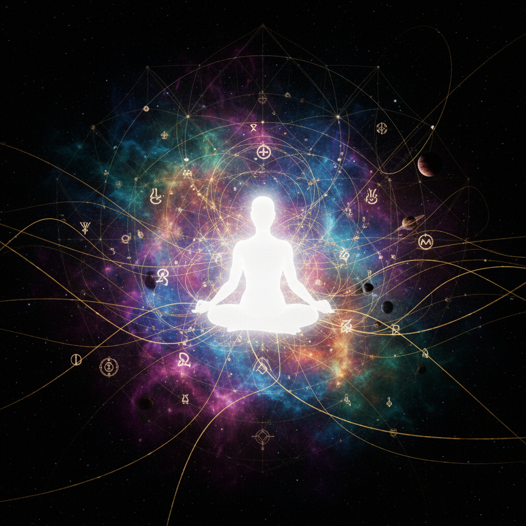 This ethereal composition focuses on the radiant, meditating silhouette of pure light and the intricate golden threads weaving through the vibrant nebula. By making the background web more abstract and geometric, and placing the ancient symbols and planets in the foreground, the image captures that sense of a profound cosmic truth breaking through.