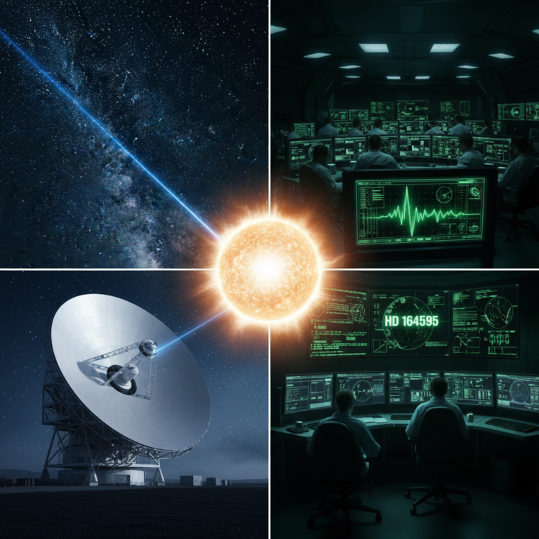 Russian RATAN-600 radio telescope detecting signals from star HD 164595 in constellation Hercules.