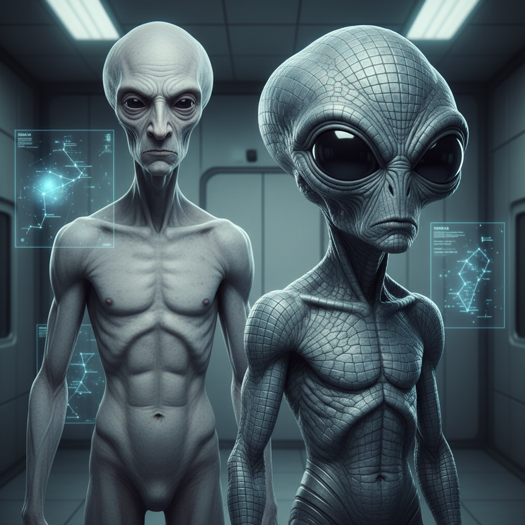 A clinical, high-strangeness medical illustration of a Type A Grey. The figure has grayish-blue, scaly skin with a visible "grid-like" texture. Its head is oversized with large, wrap-around black liquid eyes. It is wearing a seamless, flexible metallic garment. To its left, a 9-foot Tall Grey (Eban) looms with a slightly larger nose and authoritative stance. The background is a cold, dimly lit sterile environment with holographic Orion star maps.