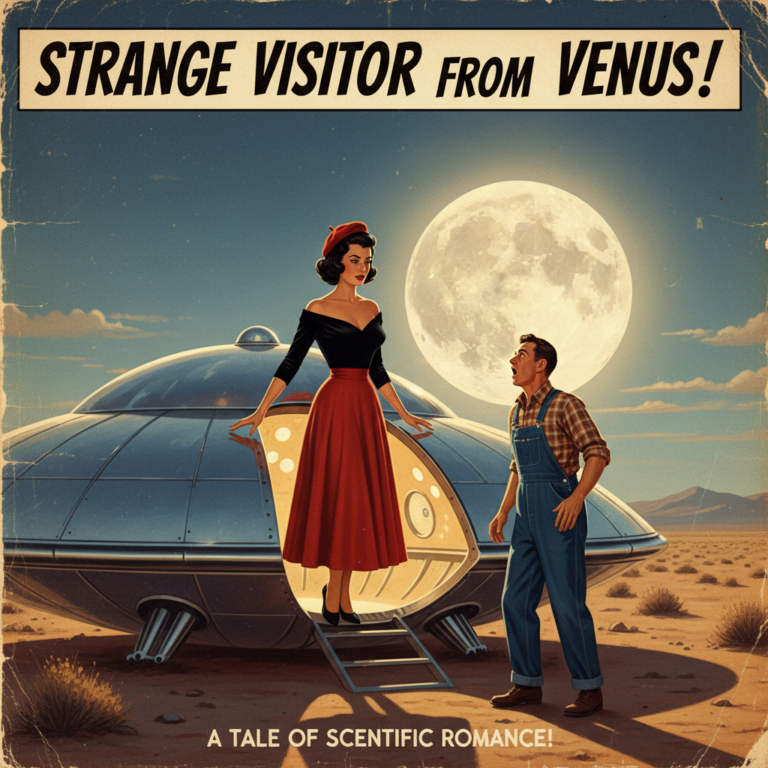 A vintage-style 1950s illustration of a beautiful woman with olive skin and short black hair, wearing a red beret, a black velvet blouse, and a red skirt. She is standing at the open hatch of a massive, gleaming steel flying saucer in the Nevada desert under a bright moon. Standing before her is a man in 1950s work clothes, looking at her with an expression of pure awe.