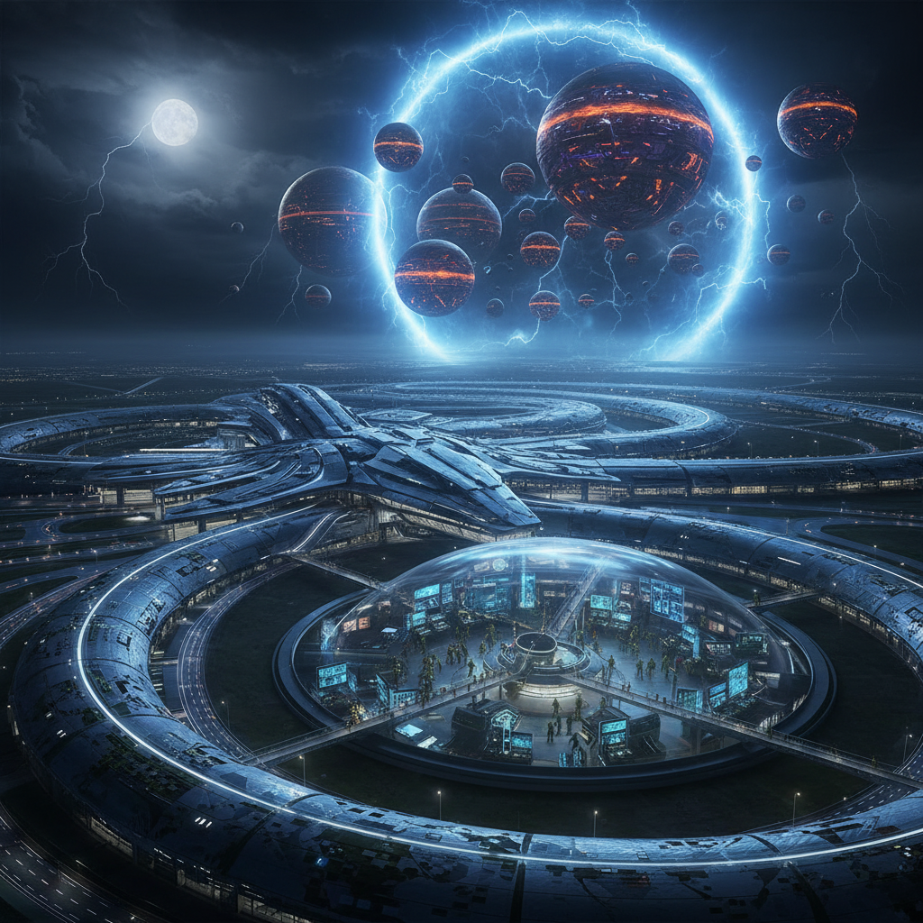 An aerial view of a snake-shaped airport with a hidden reptilian base underneath.