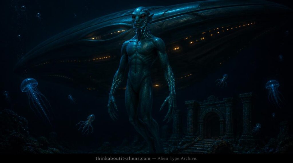 Water Type Aliens: A bioluminescent Nommo-type aquatic humanoid with iridescent blue-green skin hovers in the deep ocean near a massive submerged craft and partially buried stone ruins