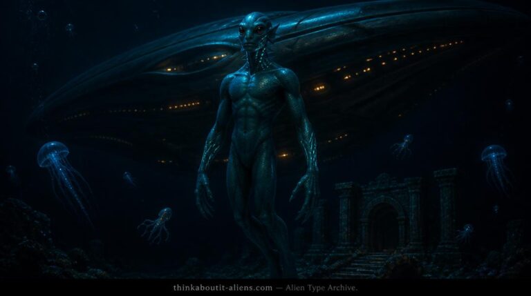 Water Type Aliens: A bioluminescent Nommo-type aquatic humanoid with iridescent blue-green skin hovers in the deep ocean near a massive submerged craft and partially buried stone ruins