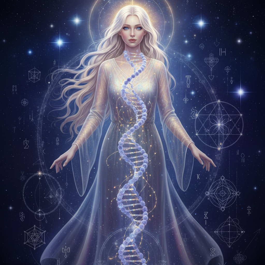 A luminous Pleiadian being assisting with the activation of 12-strand human DNA.