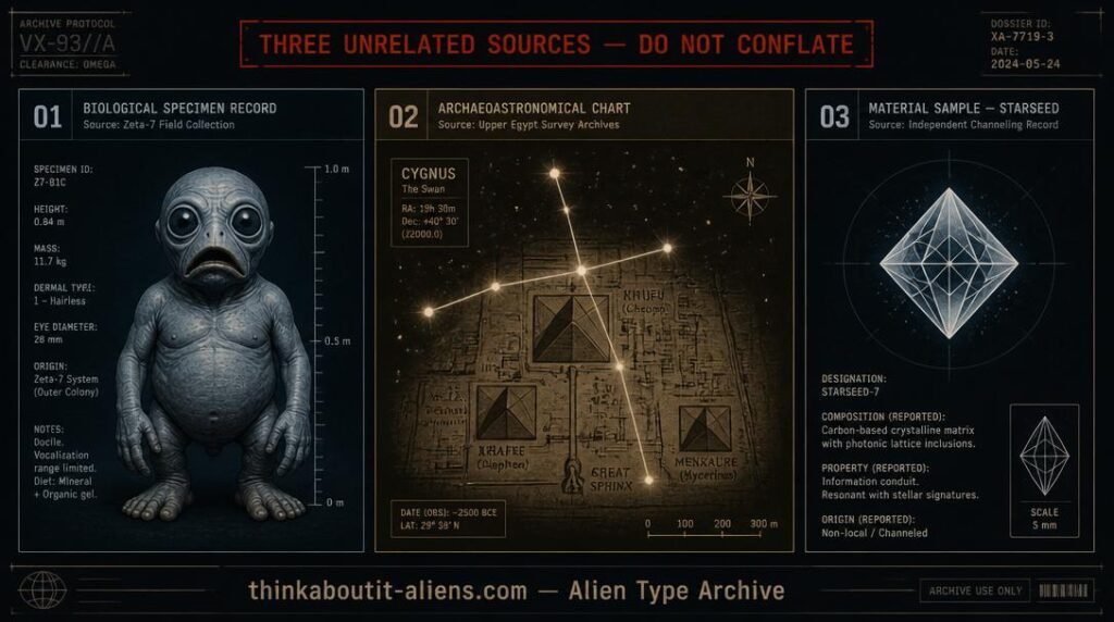 Three-panel archive illustration separating the unsourced Cygnusian alien-type description, Andrew Collins' Cygnus Mystery archaeoastronomy thesis, and a modern channeled starseed variant