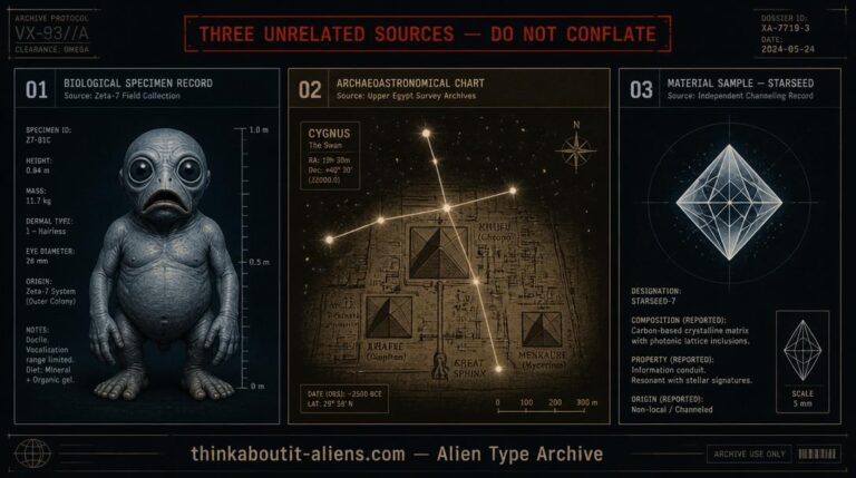 Three-panel archive illustration separating the unsourced Cygnusian alien-type description, Andrew Collins' Cygnus Mystery archaeoastronomy thesis, and a modern channeled starseed variant