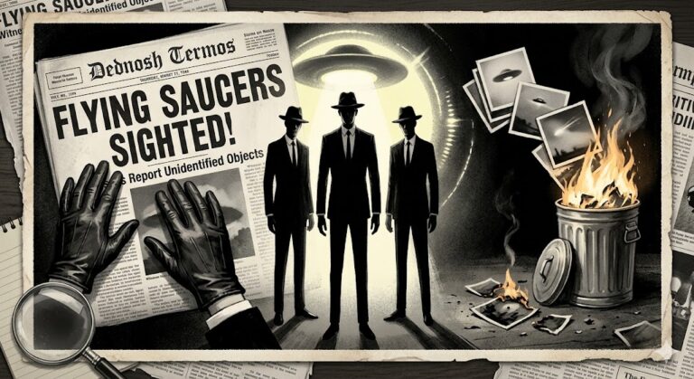 A noir montage of Men in Black silhouettes, a vintage newspaper, and burning UFO photos.