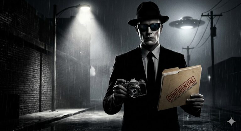 A mysterious Man in Black silhouette standing in the fog after a UFO sighting.