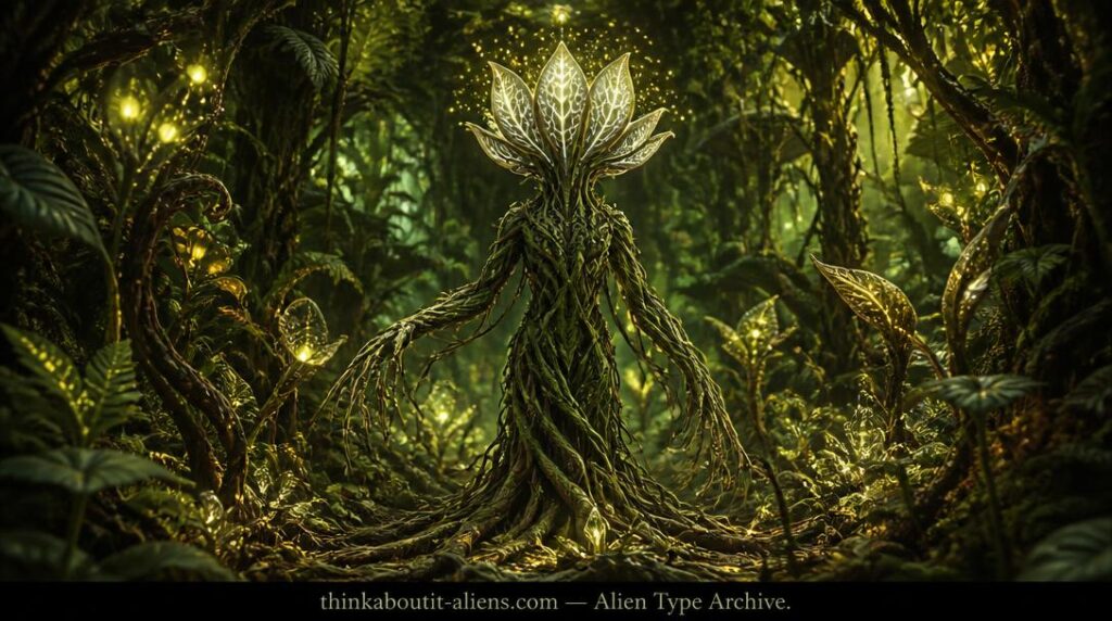 Plant Type Aliens: A six-foot Plant Type alien with vine-limb body, petal-cluster sensory head, and root extensions connected to surrounding bioluminescent jungle vegetation