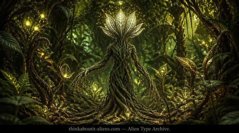 Plant Type Aliens: A six-foot Plant Type alien with vine-limb body, petal-cluster sensory head, and root extensions connected to surrounding bioluminescent jungle vegetation