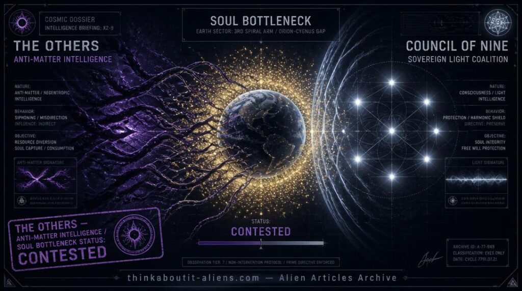 Earth at center surrounded by dense golden cluster of soul-light particles, dark violet-black anti-matter tendrils reaching from left to siphon and misdirect the cluster, nine points of white light in protective formation from right, tension balanced between forces