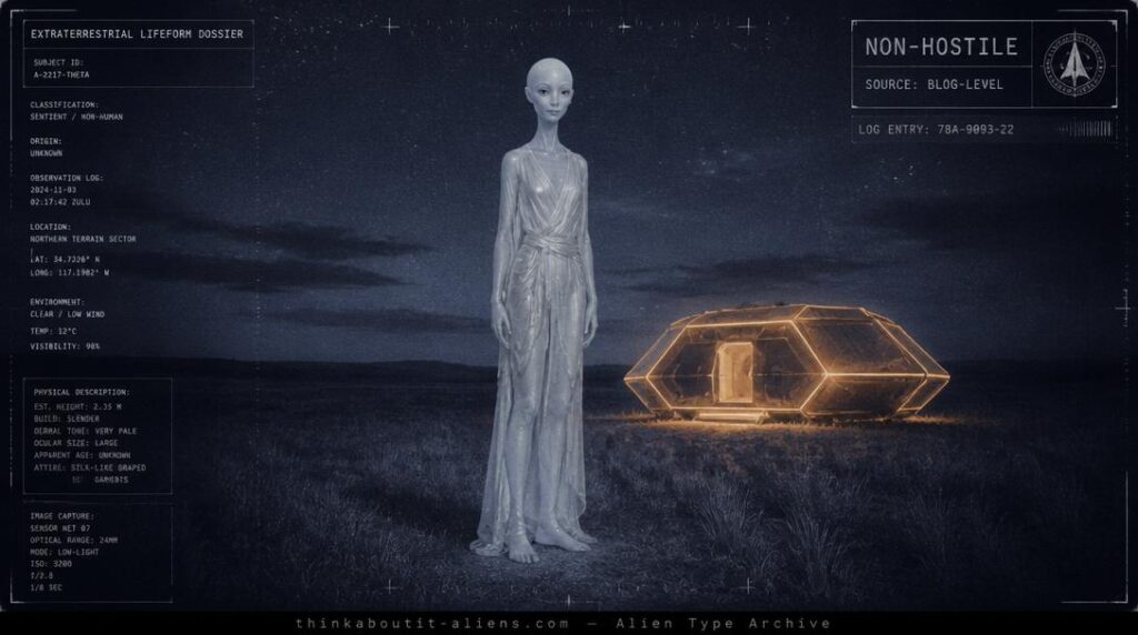 Tall pale gentle humanoid figure beside a glowing orange octagonal craft in a nighttime field, illustrating the corrected Airk alien type