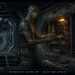 Tall reptilian-descended humanoid figure working at an equipment bay aboard a utilitarian spacecraft, illustrating the corrected Allgruulk alien type