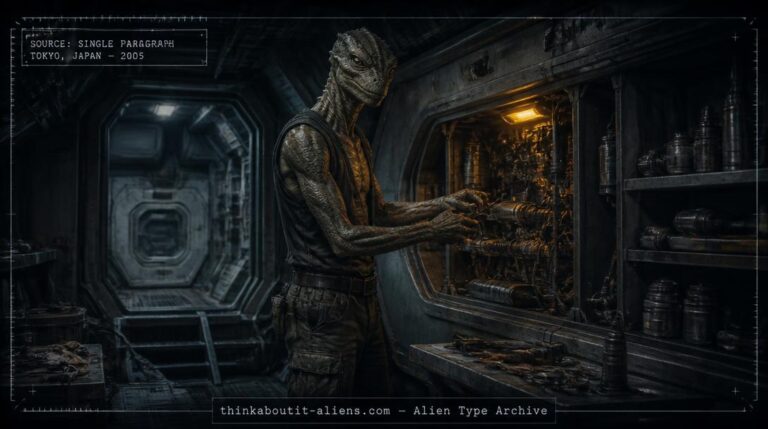 Tall reptilian-descended humanoid figure working at an equipment bay aboard a utilitarian spacecraft, illustrating the corrected Allgruulk alien type