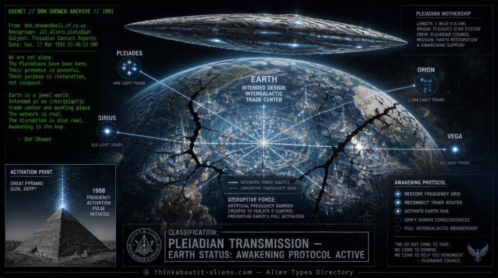 Earth depicted as a translucent jewel with intergalactic trade routes to Pleiades and Sirius, overlaid by a cracked dark frequency grid, with a Pleiadian mother ship above and Great Pyramid activation inset