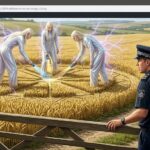 Tall White aliens with long blonde hair inspecting a crop circle in a Wiltshire field while a police officer watches.
