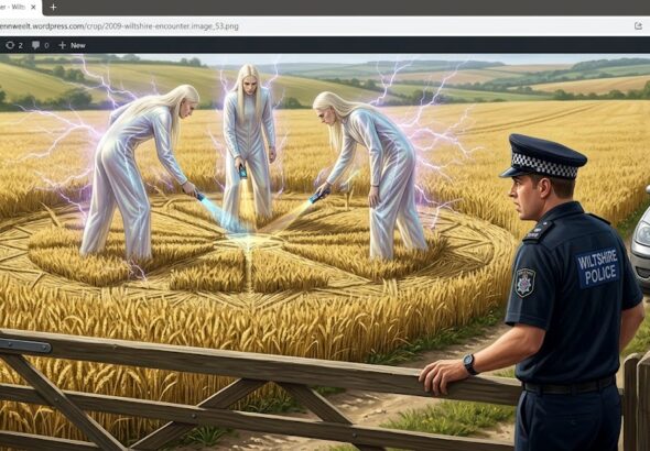 Tall White aliens with long blonde hair inspecting a crop circle in a Wiltshire field while a police officer watches.