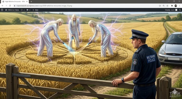 Tall White aliens with long blonde hair inspecting a crop circle in a Wiltshire field while a police officer watches.