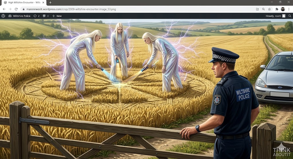 Tall White aliens with long blonde hair inspecting a crop circle in a Wiltshire field while a police officer watches.