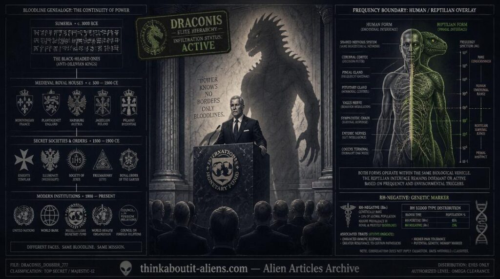 Elite are the Draconis: Government chamber with suited figure at podium casting a Draconian shadow, flanked by Sumerian-to-modern bloodline chart and human-Reptilian frequency overlay diagram
