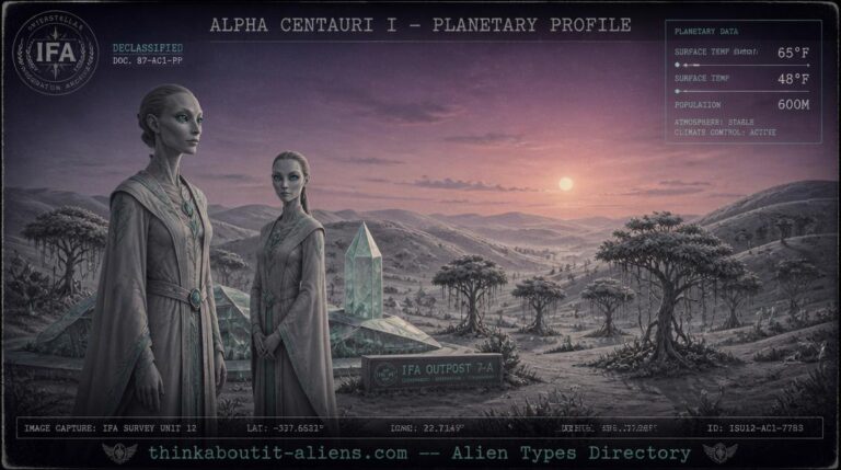 Illustration of the Alpha Centauri I planetary surface with violet-pink sky, rolling gray hills, and tall teal-eyed humanoid inhabitants near an Intergalactic Federation Alliance outpost