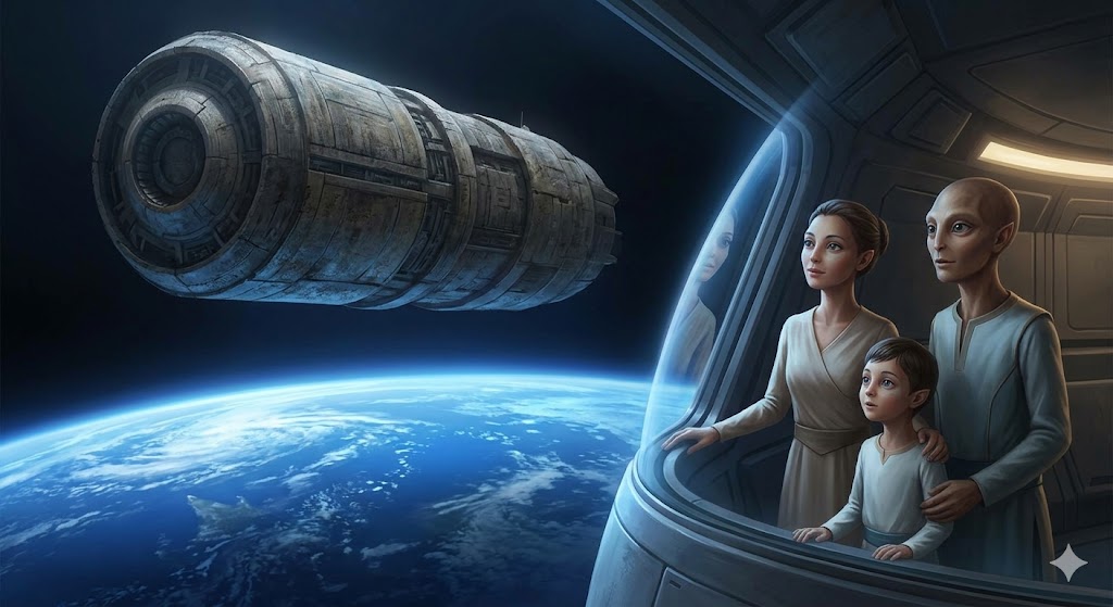 A Janosian alien family looking out of a spaceship window at Earth, with a massive ark ship in the background.