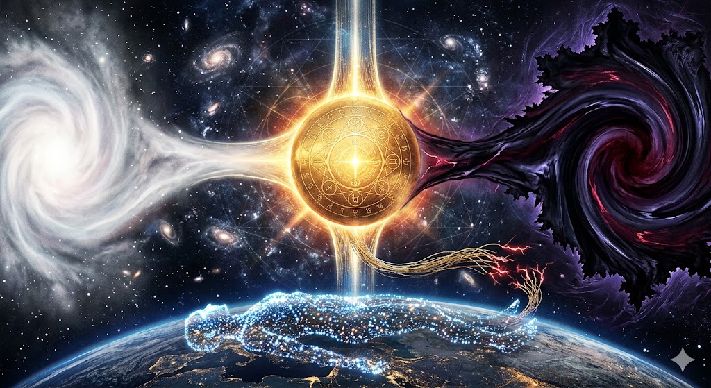 A golden sphere of balance between a light vortex and a dark vortex, connected to a human soul on Earth.