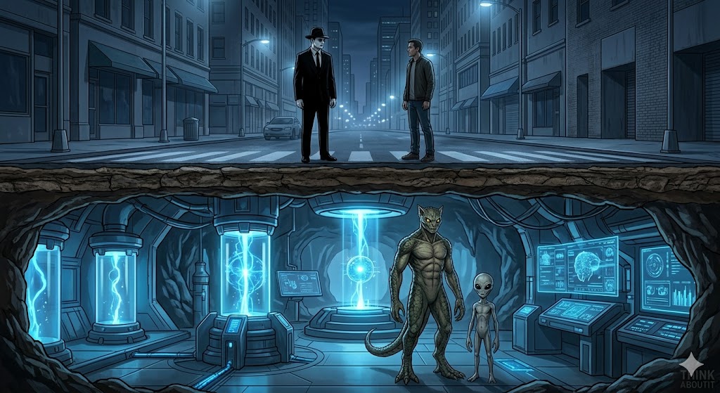 A cross-section showing a Man in Black on the surface and a Reptoid in an underground city.