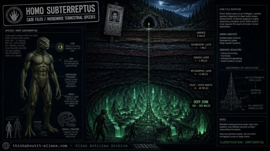 Vertical cross-section of Earth's crust from surface cave entrance down to a bioluminescent green Reptilian city in the Deep Zone at 100-200 miles, with Homo Subterreptus anatomical diagram
