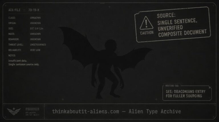 Minimal archive silhouette card for the Dracons, marked as sourced from a single unverified sentence with a routing note to the fuller Draconians entry
