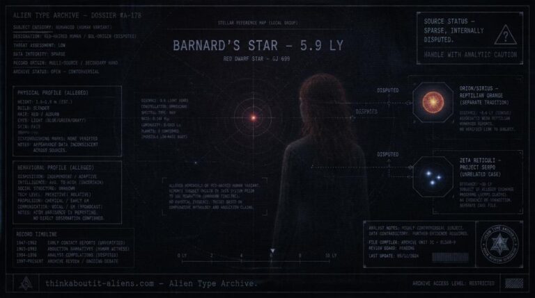 Dossier-style illustration of a translucent red-haired human figure near a red dwarf star map, with annotation lines to separate, unrelated reptilian and Zeta Reticuli traditions.