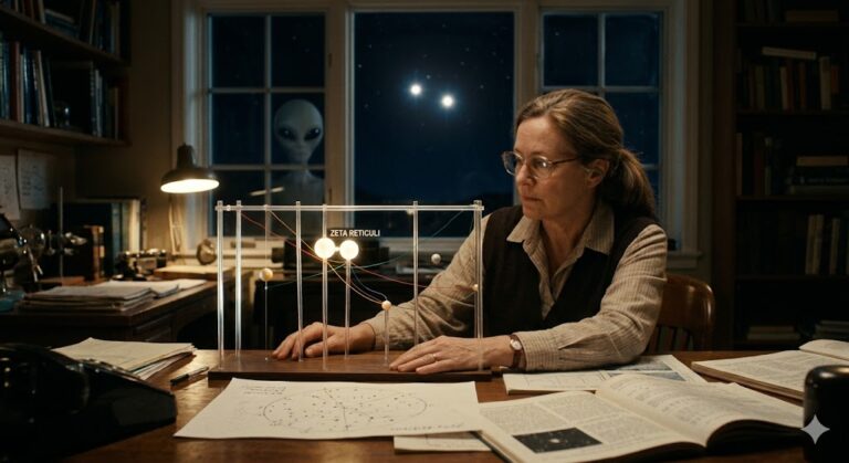 A 3D star model and Betty Hill's hand-drawn star map pointing to the Zeta Reticuli binary star system.