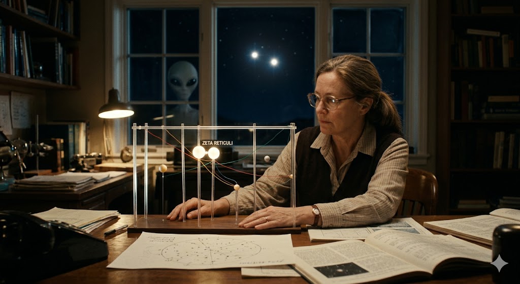 A 3D star model and Betty Hill's hand-drawn star map pointing to the Zeta Reticuli binary star system.