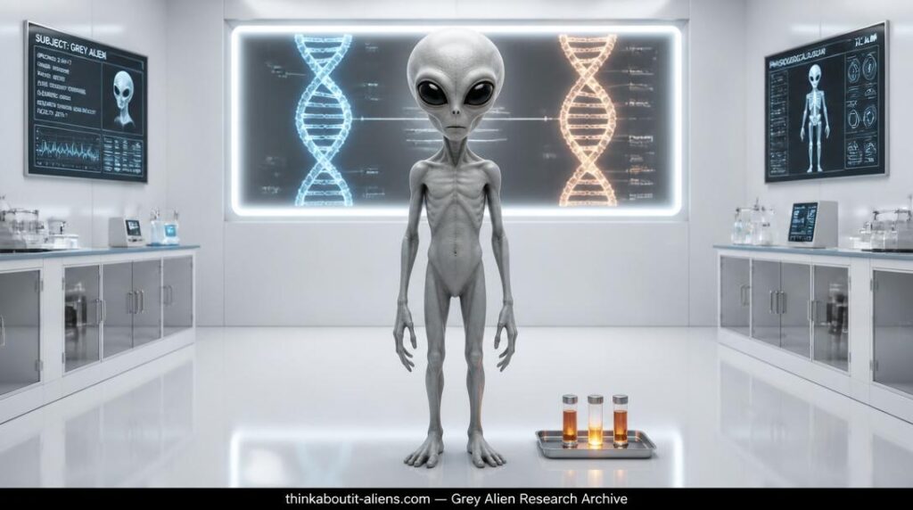 Greys General Information: A four-foot Grey alien stands in a white examination room with a backlit DNA comparison panel and translucent vials of amber fluid on a metallic tray