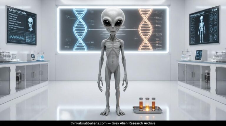Greys General Information: A four-foot Grey alien stands in a white examination room with a backlit DNA comparison panel and translucent vials of amber fluid on a metallic tray