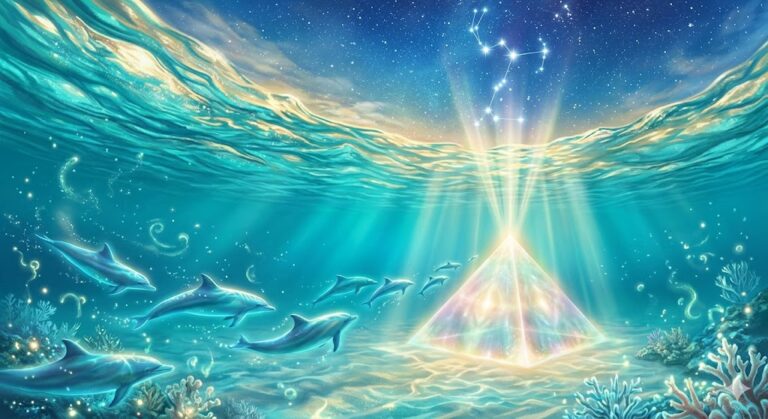 A pod of dolphins swimming toward a glowing, submerged crystalline pyramid in a turquoise ocean, with the Sirius star constellation shining through the water's surface.
