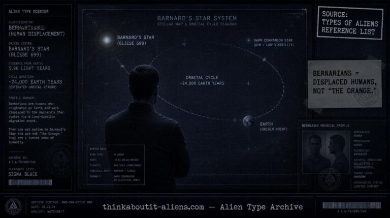 Dossier-style illustration of an ordinary human figure beside a star map showing Barnard's Star and a dim companion-star orbit line, representing the Bernarians' human origin.